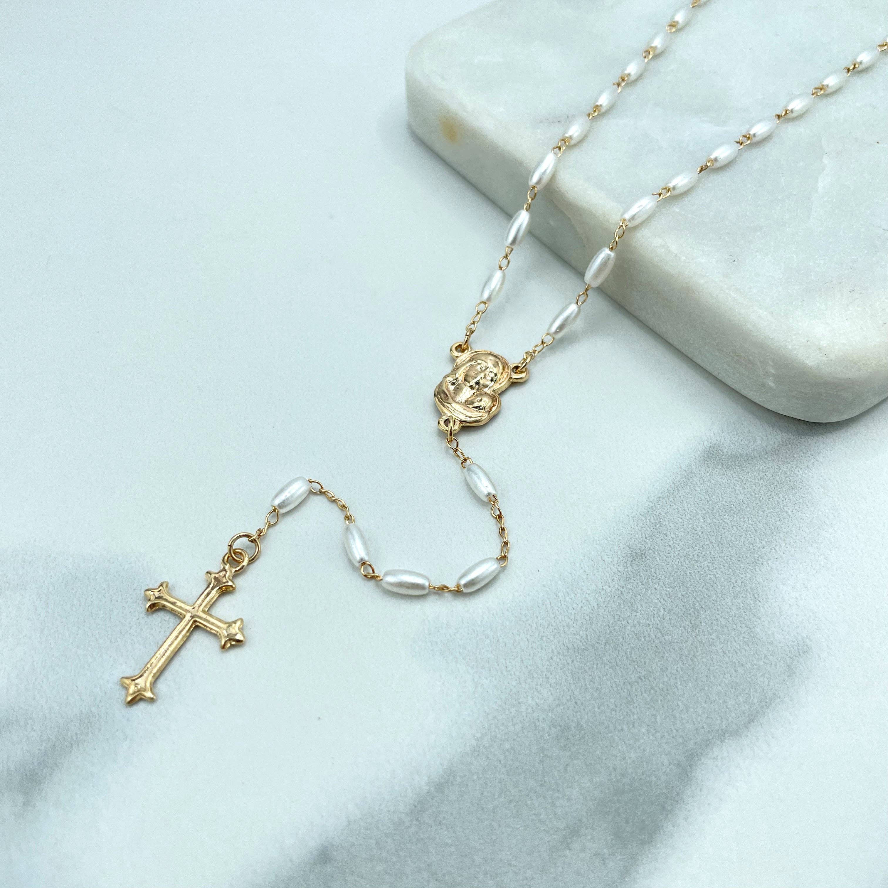 Luxus Accessories - Wholesale Prayer Beads Necklace - 18k Gold Filled Virgin Mary Face Hugging Child Jesus Christ Rosaries with Simulated Rice Pearls9