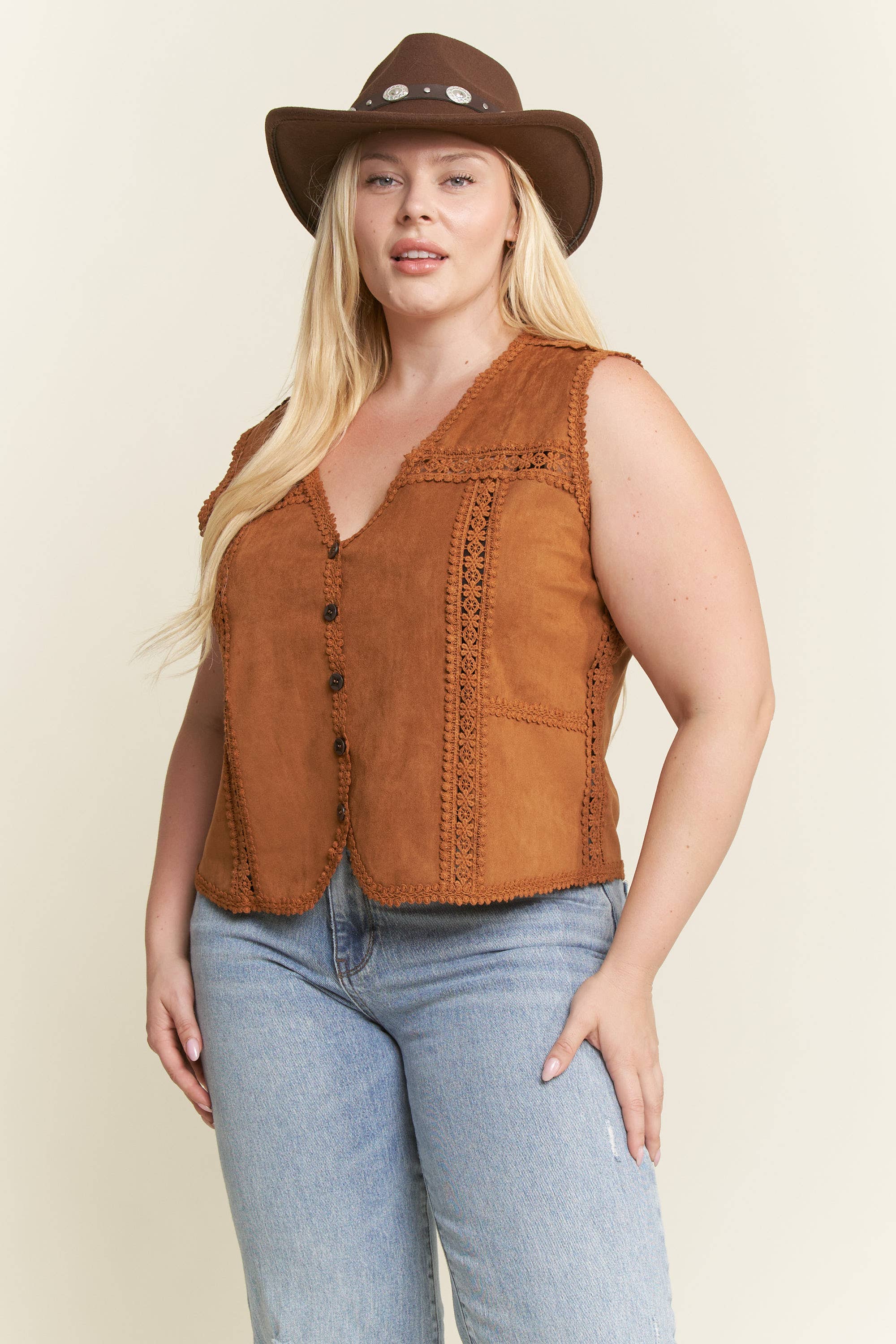 JADE BY JANE PLUS - Wholesale Outerwear Vest - Women's - PLUS SIZE SUEDE VEST WITH LACE TRIM6