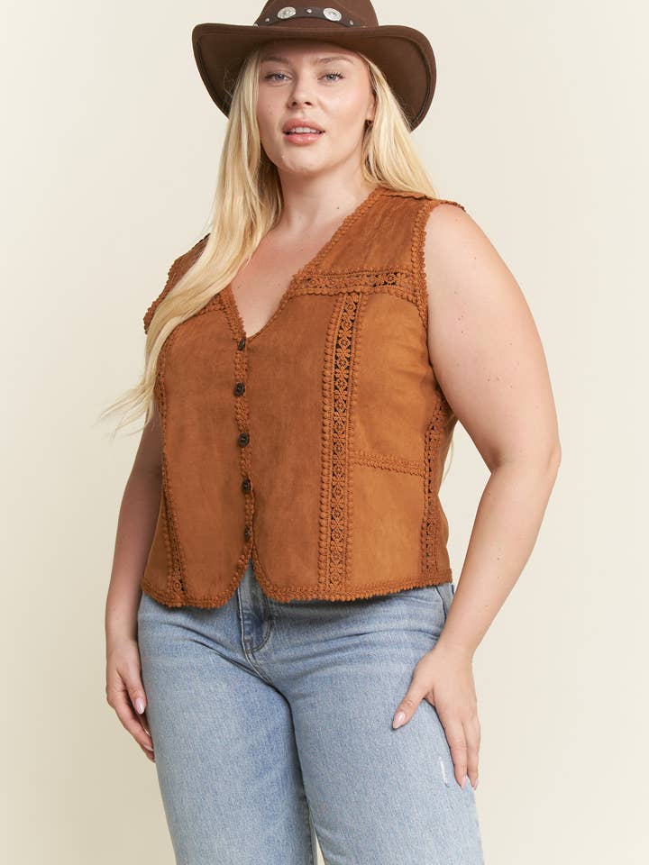 JADE BY JANE PLUS - Wholesale Outerwear Vest - Women's - PLUS SIZE SUEDE VEST WITH LACE TRIM6