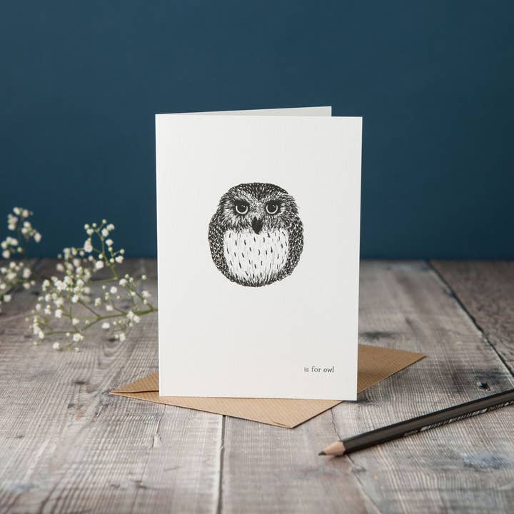 O is for Owl Card for wholesale by Lucy Coggle Designs