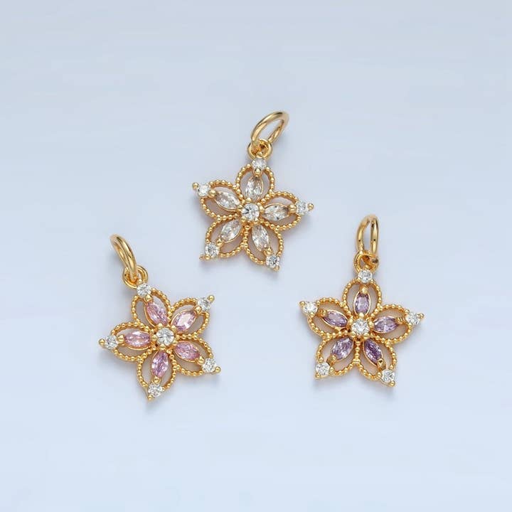 24K Gold Filled Clear, Pink, Purple CZ Marquise Open Flower Charm | N1378 for wholesale by Aim Eternal