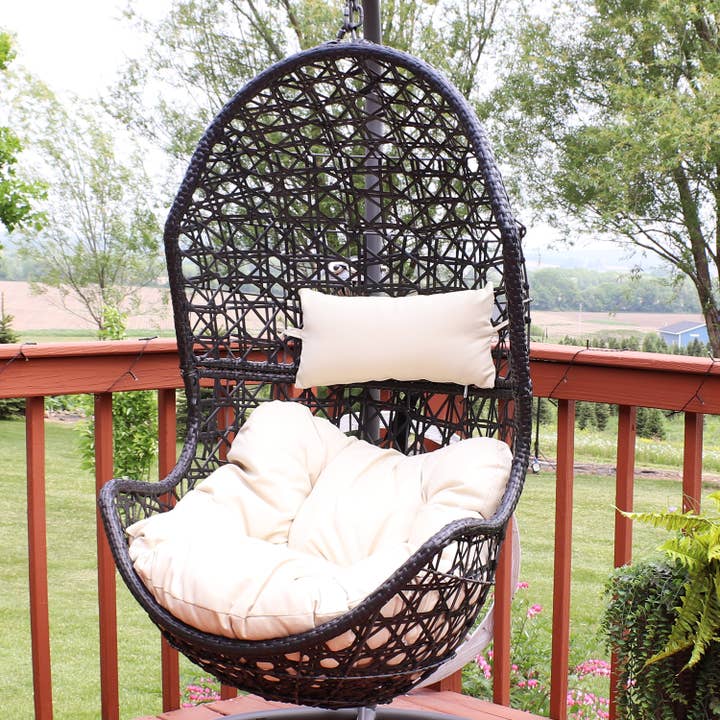 Resin Wicker Basket Hanging Egg Chair with Cushions - Beige for wholesale by Sunnydaze Decor