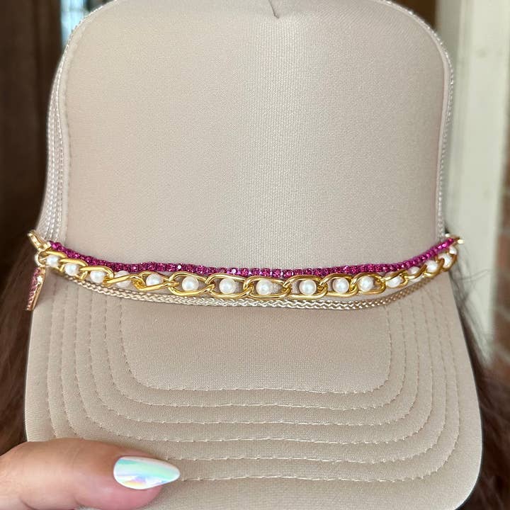 Very Cherry - Wholesale Hat Accessory - Women's - Rhinestone & Pearl Trucker Hat Chain With Heart Charm