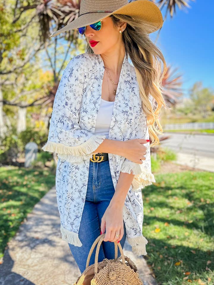 Ivory Boho Floral Printed Kimono with Fringe Trim for wholesale by AMOLI