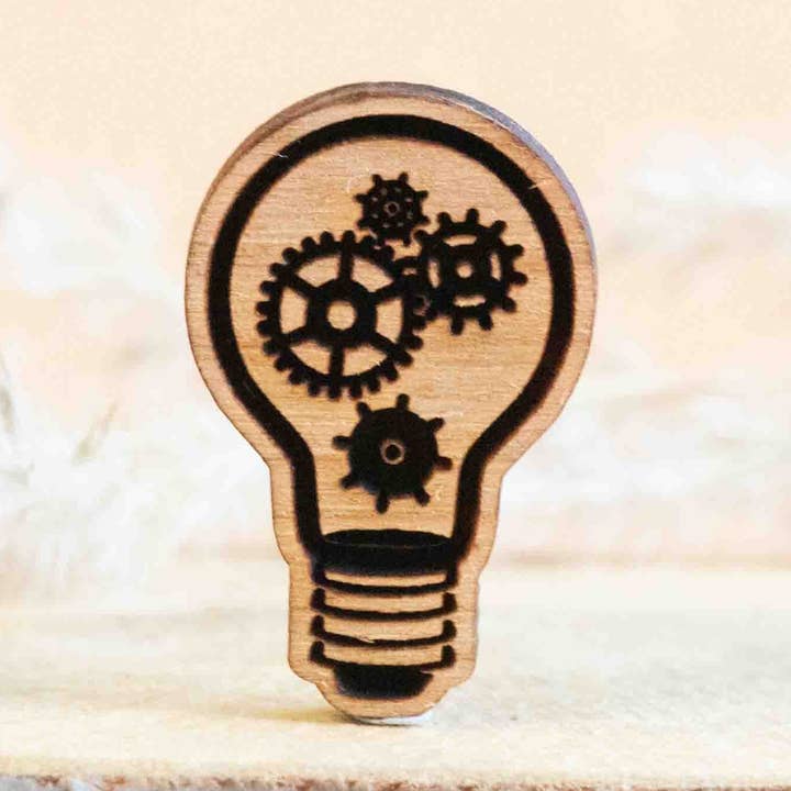 Hand-Painted Light Bulb Wooden Pin Badge - PT45220 for wholesale by Robin Valley