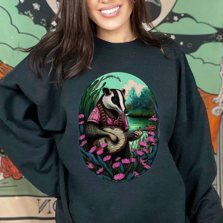 Vivtrek - Wholesale Graphic Sweatshirt - Unisex - Badger Playing Banjo Cottagecore Musician Sweatshirt
