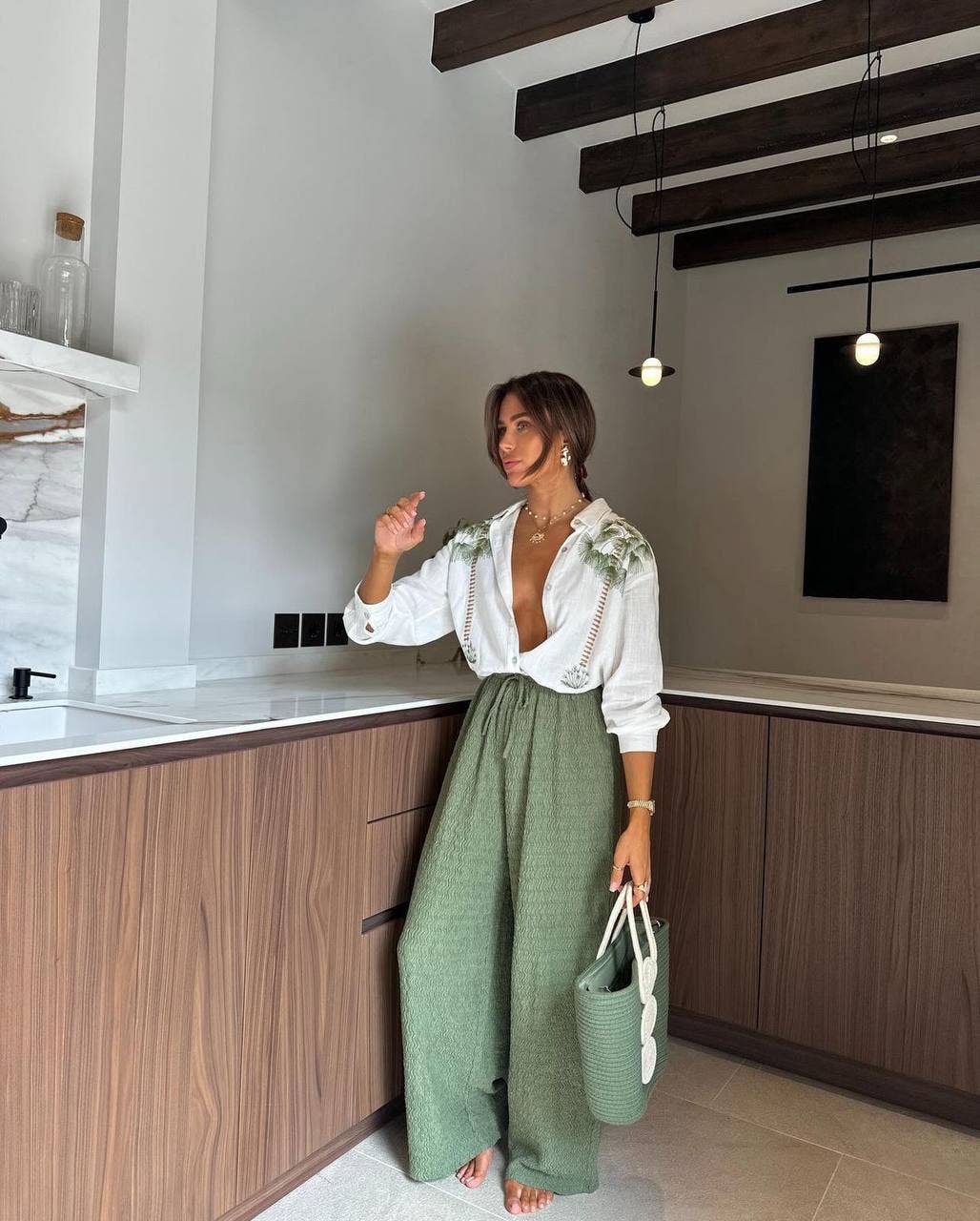 Design company-Fatma Balkir - Vendita all'ingrosso Completo top e gonna - Donna - Set Pantaloni Verde Menta e Camicia Ricamata - stile boho estivo2