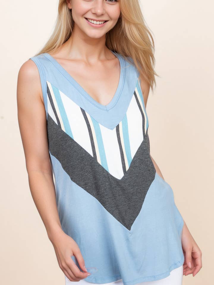 10545SLP236 Tamanho Grande Blusa Sem Mangas com Decote em V e Bloco de Cor Parcial por atacado de A.gain