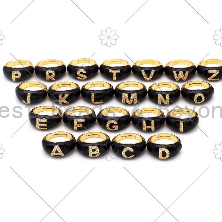CZ svart emalj alfabetet Justerbar Ring, Sku #O72 för wholesale av BestBeads&Beyond