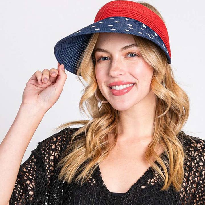 3AM BY H&D ACCESSORIES - Wholesale Visor - Women's - AMERICAN FLAG ROLL UP SUN VISOR WITH ADJUSTABLE ELASTIC BAND