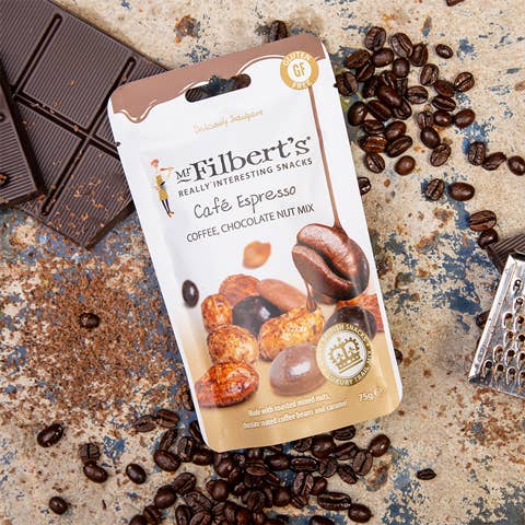 Café Espresso Chocolate & Coffee Nut Mix 15 x 75g for wholesale by Mr Filbert's
