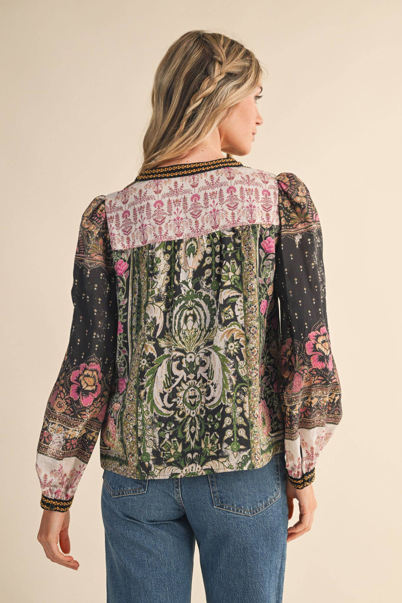 &MERCI - Wholesale Button Down Shirt - Women's - PATCHWORK PRINT CROCHET TRIM BUTTON DOWN TOP MTP438215