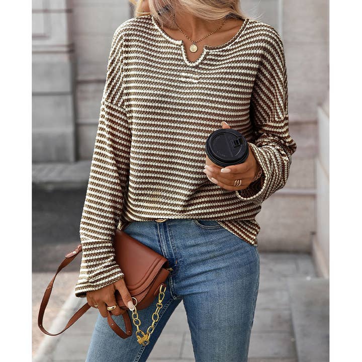 UNISHE - Wholesale Blouse - Women's - Striped Waffle Knit Long Sleeve Top MD2379