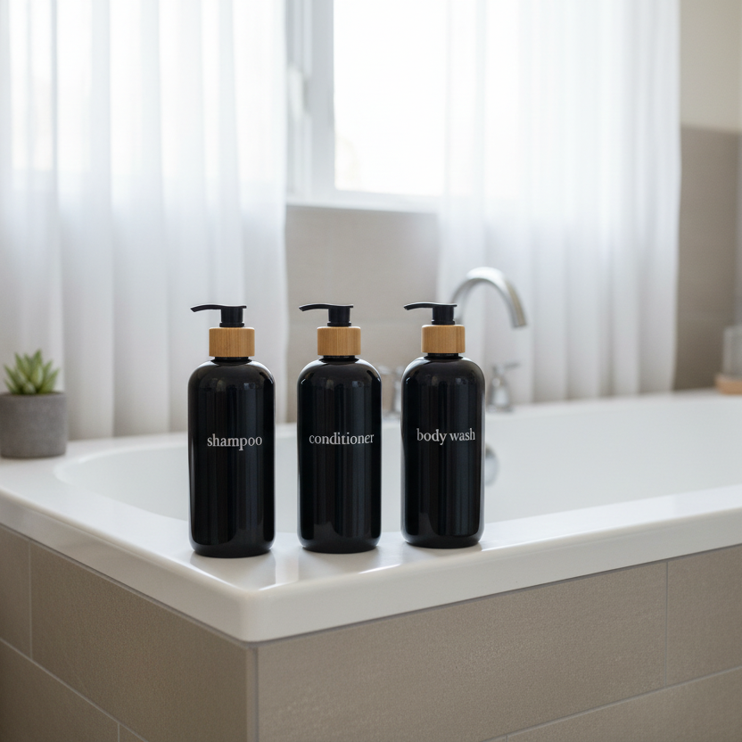 Joie Designs Co. | Refillable Bottles - Wholesale Soap Dispenser - Black Shampoo Dispenser Sets | Black Bottles | Bamboo or Black Plastic Pumps2