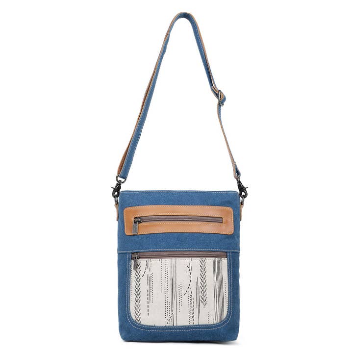 Canvas & Leather Women's Crossbody - Timberwolf/Lapis Lazuli for wholesale by Sixtease Bags USA