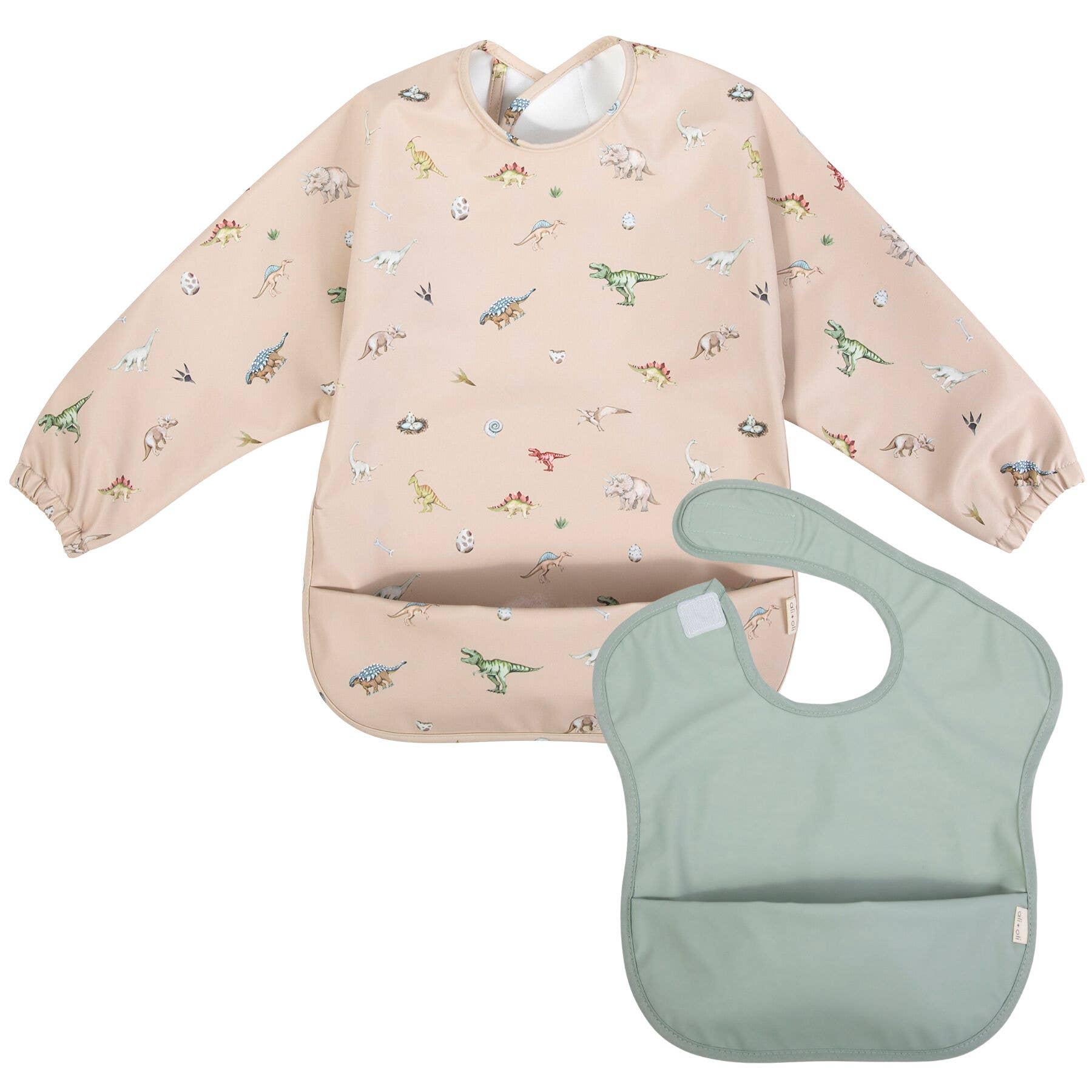 Ali+Oli - Wholesale Baby Bib - Baby - Smock Bib (2-pc) Long & Short Sleeve Set (Dino-Mint)1