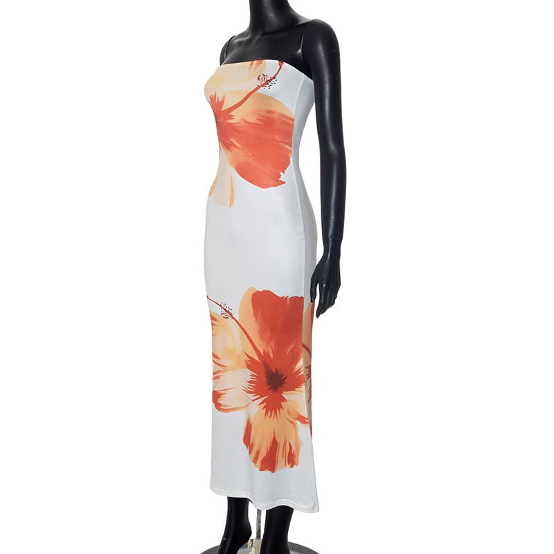 White Hawaii Hibiscus Floral Bandeau sleeveless tube dress for wholesale on Faire1