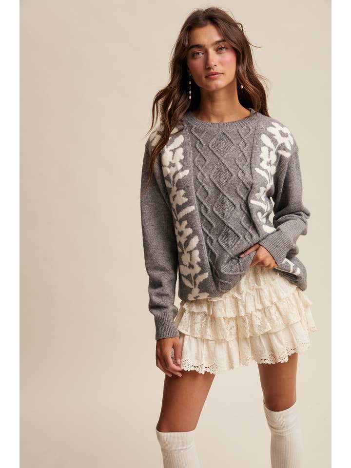 Listicle – Engroshandel Pullover - Dame – Blomstret Panel Kabelstriktrøje LSW088021