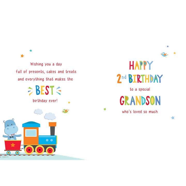 Piccadilly Greetings - Wholesale Birthday Card - Juvenile Birthday Card, Age 2 Grandson, Hippo In Train1