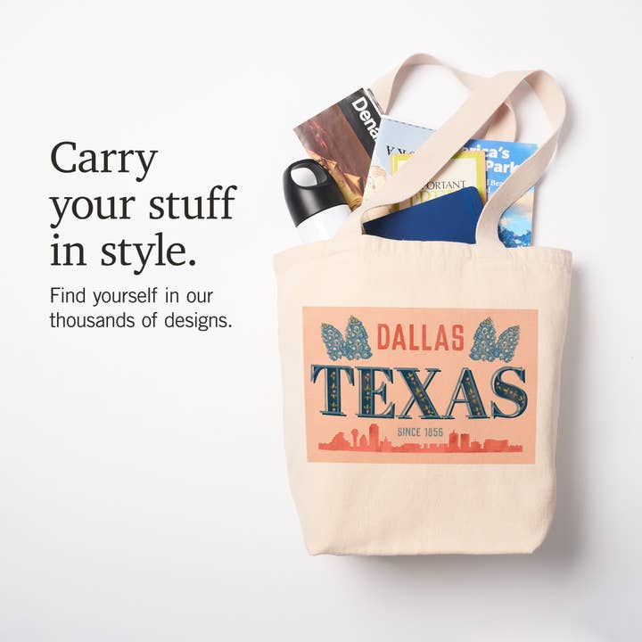Lantern Press - Wholesale Tote Bag - Unisex - ORGANIC TOTE BAG Dallas, Texas, Skyline & State Flowers