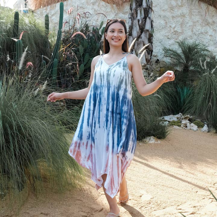 Suzie Blue Canada - Wholesale Dress - Women's - Bone Tie Dye Handkerchief Dress - Olive, Denim & Peach
