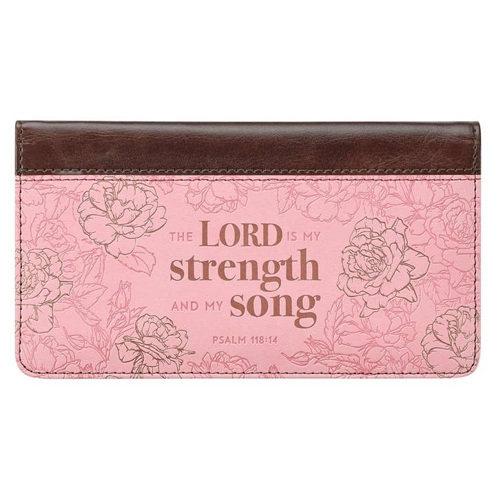 Checkbook Wallet Pink/Brown My Strength & My Song Ps. 118:14 for wholesale by Christian Art Gifts