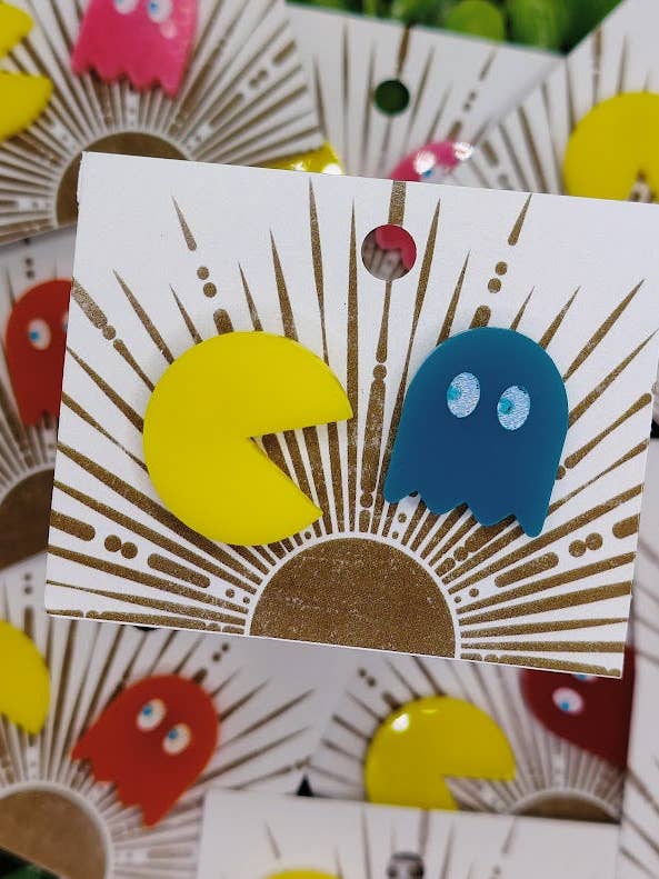 Handmade Laser Cut Pac Man And Ghost Pin Set Acrylic Hand Painted Lapel Backpack Pin Accessories Video Games Vintage Collectors Arcade Game for wholesale by Greyrose Co