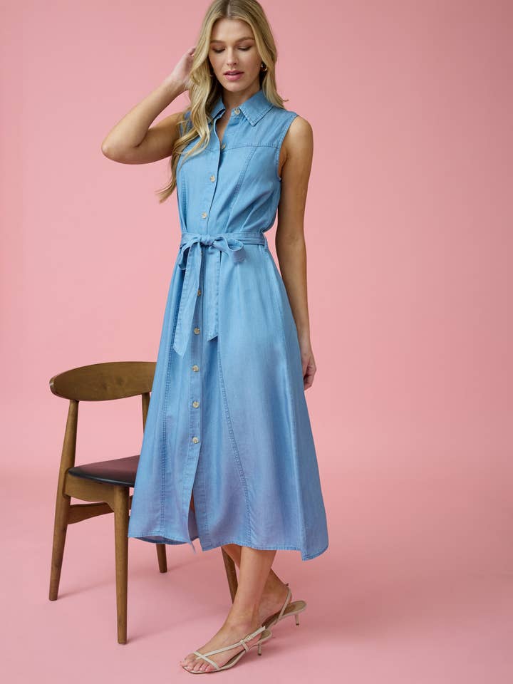 COLLARED SLEEVELESS BELTED CHAMBRAY MIDI DRESS for wholesale on Faire