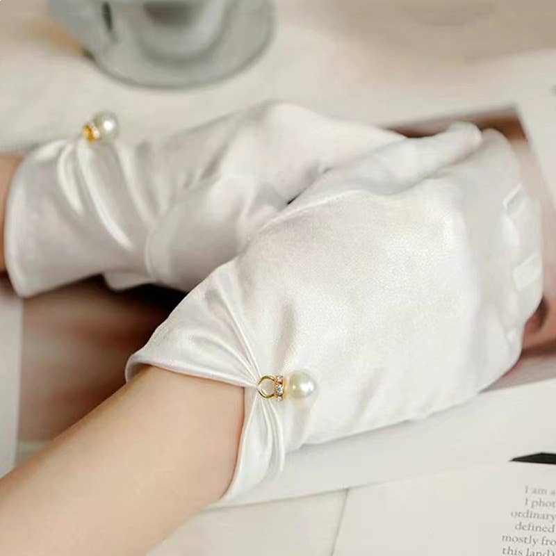 Floris Linens - Wholesale Gloves - Women's - White Satin Formal Party Wedding Bridal Gloves with Pearl6