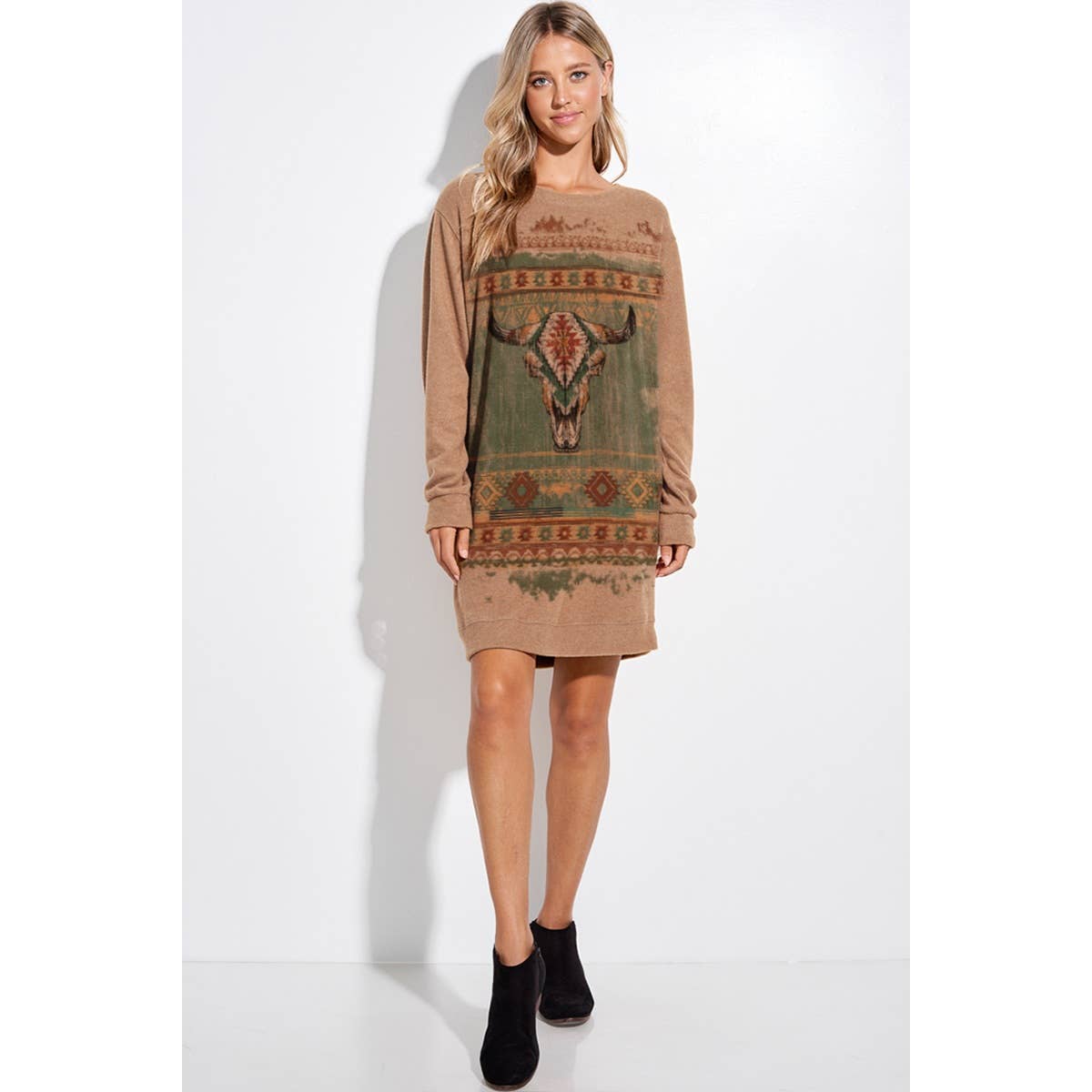 Phil Love - Wholesale Dress - Women's - Western cow skul print long sleeve tunic dress1