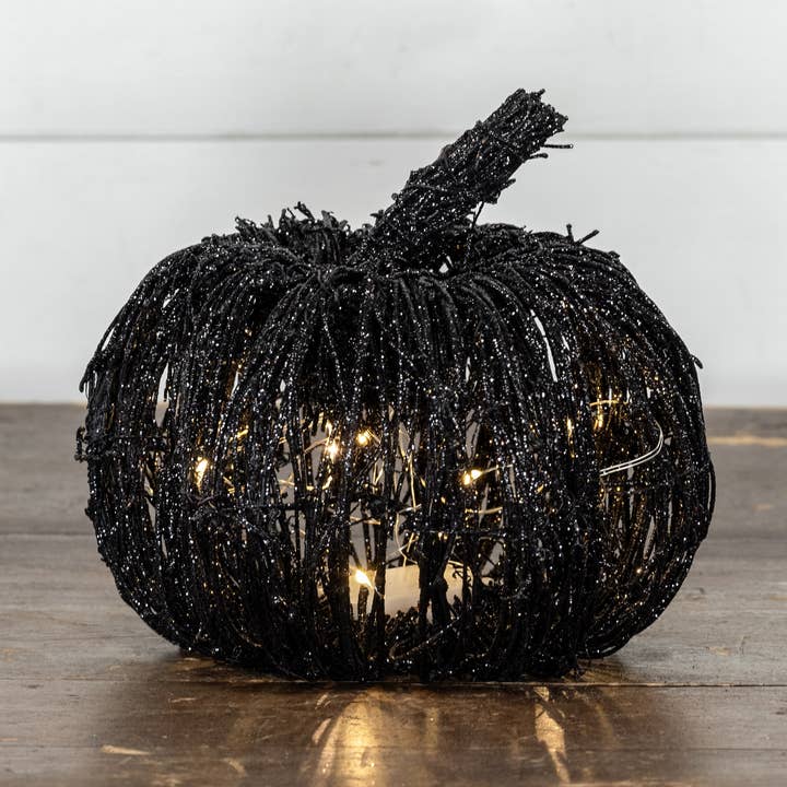 7.5" LIGHTED BLACK GLITTER RATTAN PUMPKIN for wholesale by Ragon House