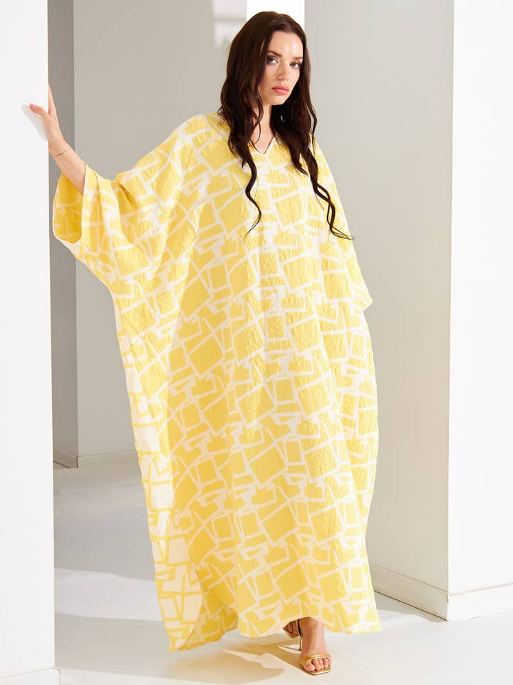 Gul Jacquard To-sidet Kaftan Abaya for engroshandel hos Store WF