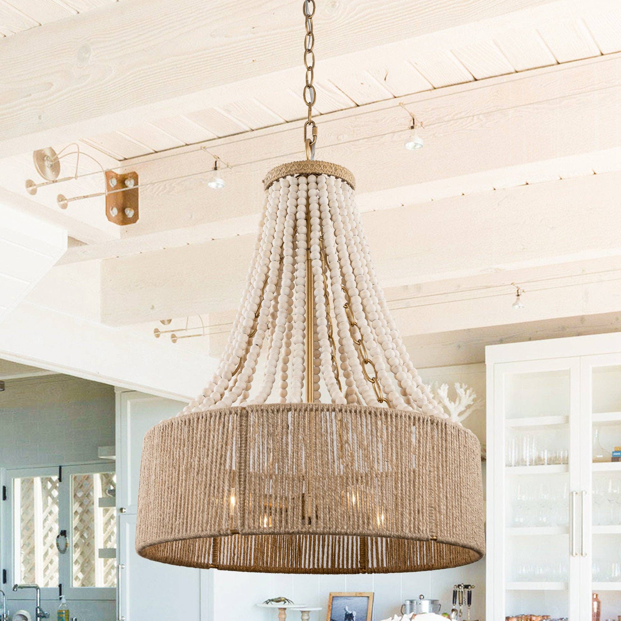Brio Lighting - Wholesale Chandelier/Hanging Light - Farmhouse Chandelier 4-Light Golden Wood Bead Woven Shade2