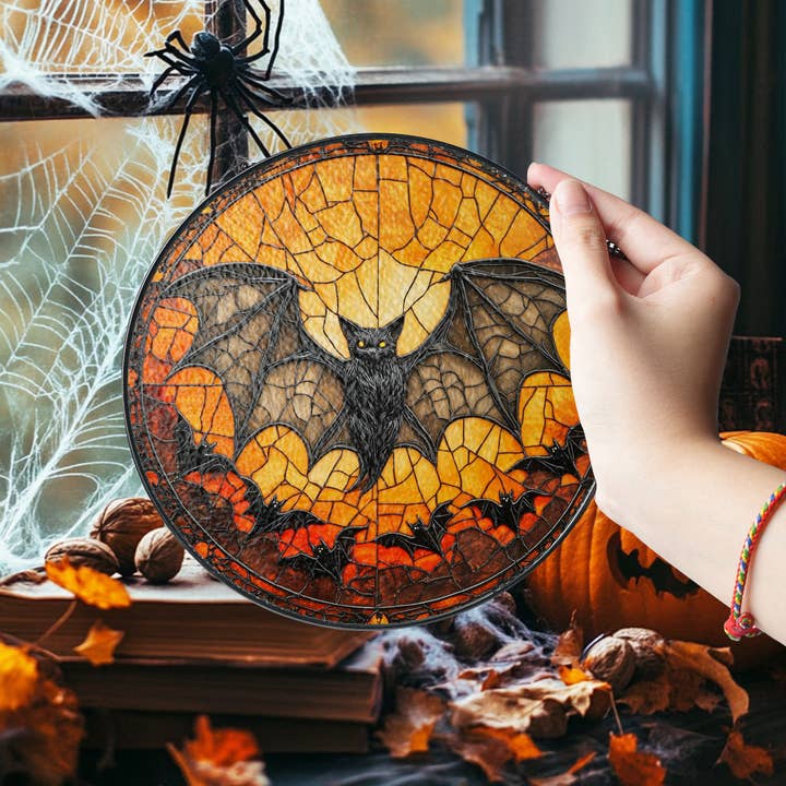 NVC Ecommerce LLC - Wholesale Suncatcher - Halloween Bat Faux Stained Glass Suncatcher, Gothic Ghost