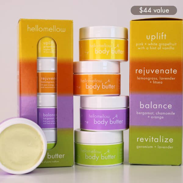 body butter try me sets bright days set: uplift • rejuvenate • balance • revitalize for wholesale by hellomellow