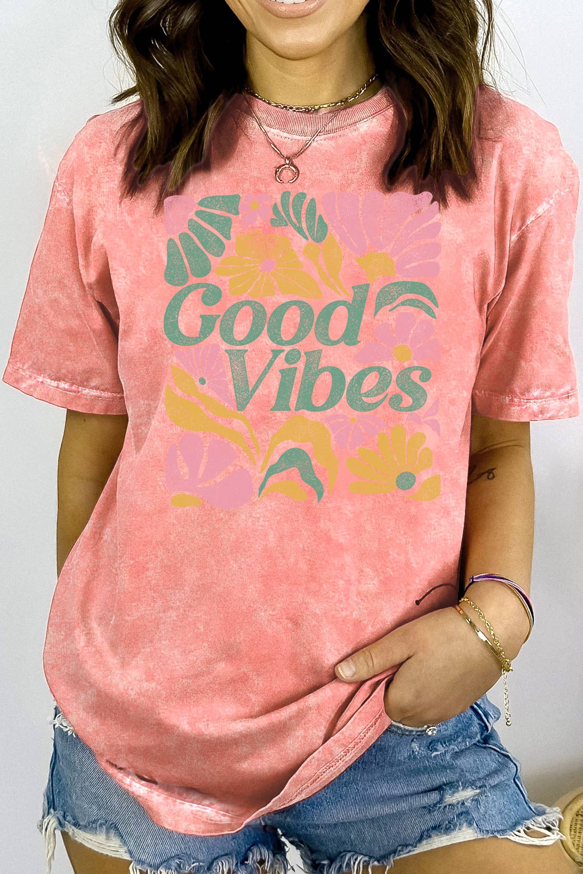 BouTeeQue Closet - Wholesale Screen Printed T-Shirt - Women's - BT1758 MT GOOD VIBES - Mineral Wash3