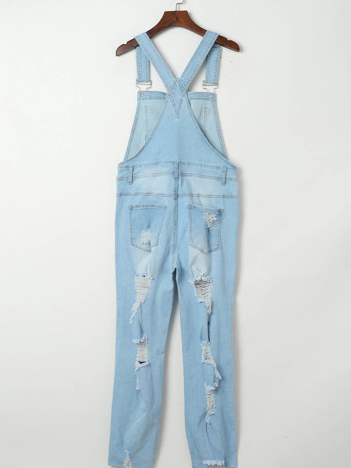 Blue Constructed Bib Pocket Distressed Denim Overalls for wholesale on Faire