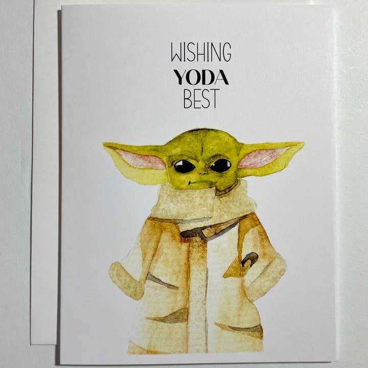 Kristin Schmidt Artist – Engroshandel Babykort – Wishing Yoda Best - Baby Yoda - Akvarel lykønskningskort1