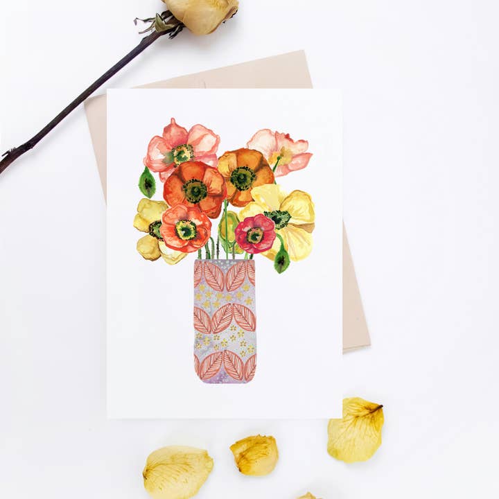 Poppies in patterned vase card for wholesale by Angela Savage Illustration
