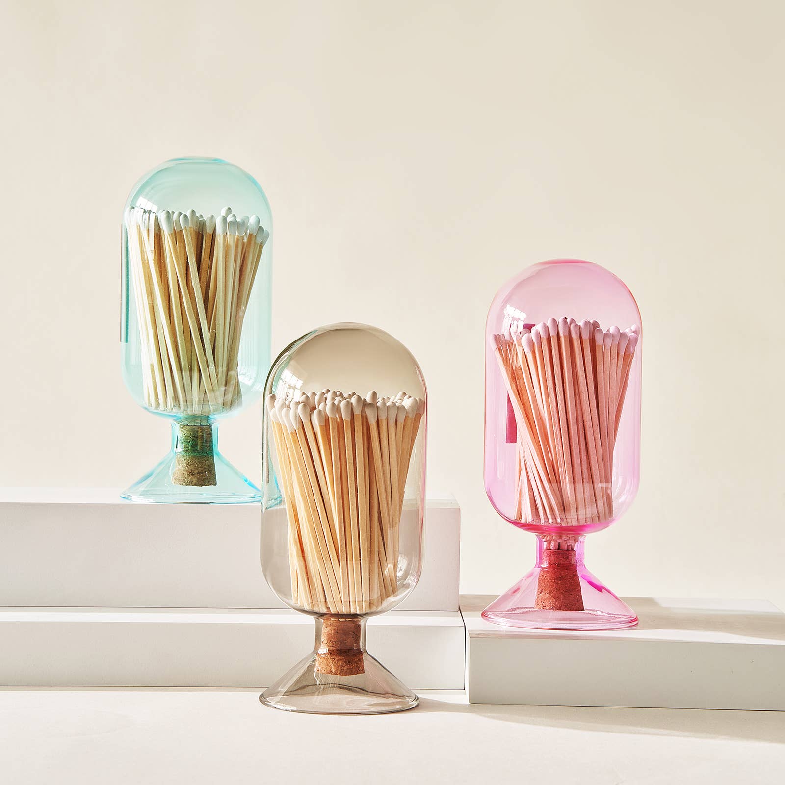 The Wine Savant /  Khen Glassware - Wholesale Match Holder - Grey Glass Match Cloche | 100 Match Sticks with Cork Stopper3