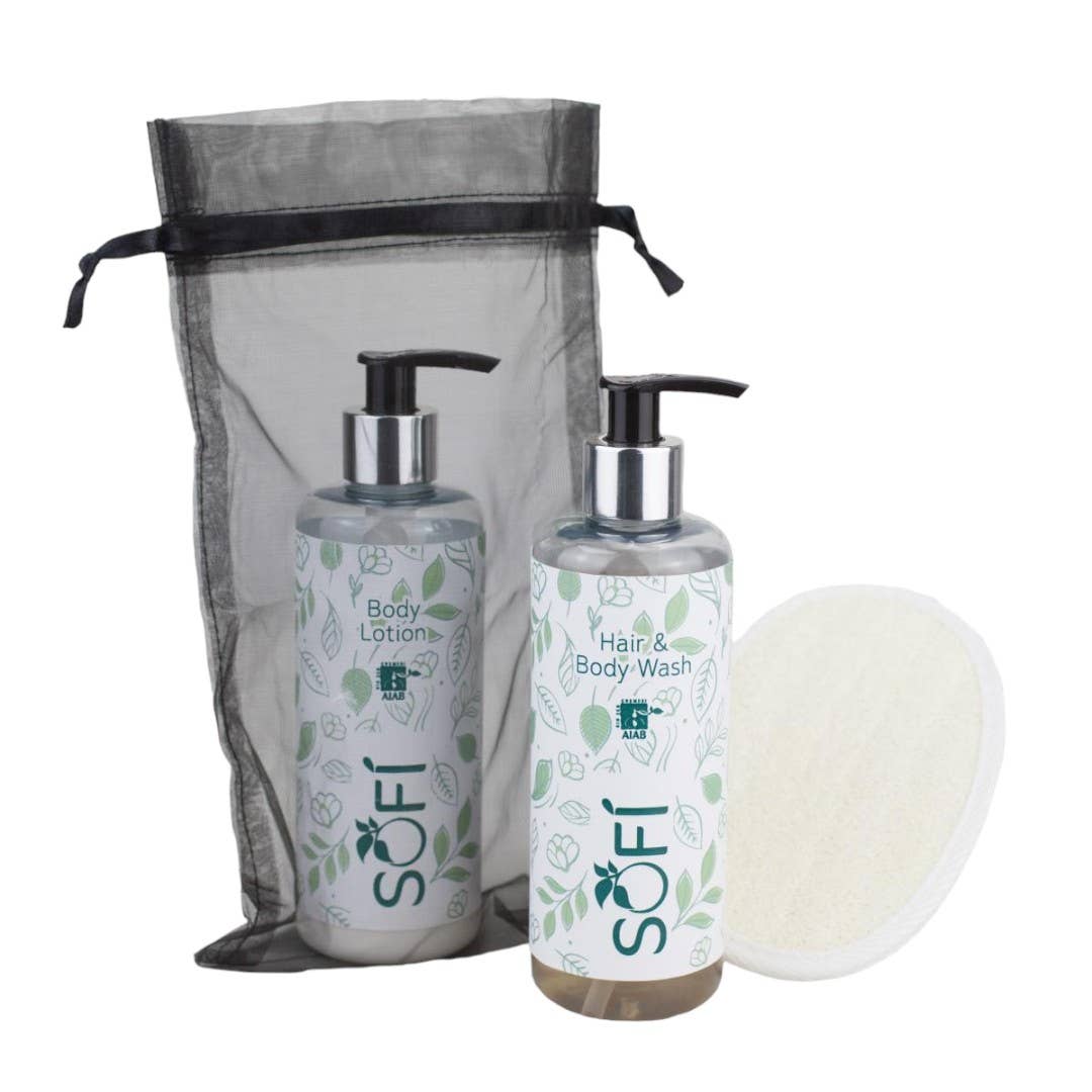 pirotta srl – Großhandel Bade- & Körperpflege-Set – Sofì Geschenkset Tüll: Schwamm, Duschshampoo, Olivencreme1