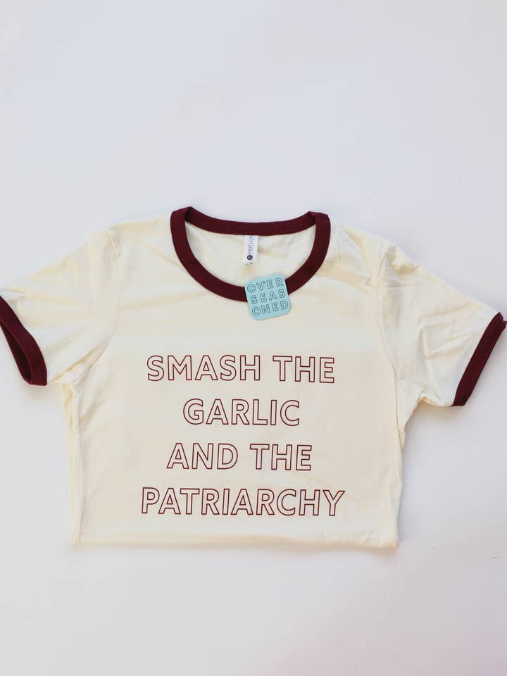 Overseasoned - Wholesale Screen Printed T-Shirt - Women's - Smash the Garlic and the Patriarchy™ Ringer Tee - Unisex