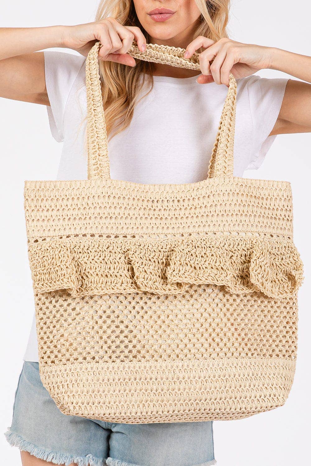 MiMi Wholesale - Wholesale Tote Bag - Women's - MB0272 Ruffle Detail Crochet Straw Tote Bag0