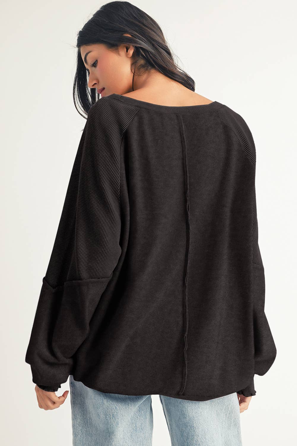 Little Daisy Closet - Wholesale Sweatshirt - Women's - LDC Waffle Knit Patchwork Exposed Seam Raglan Sweatshirt6