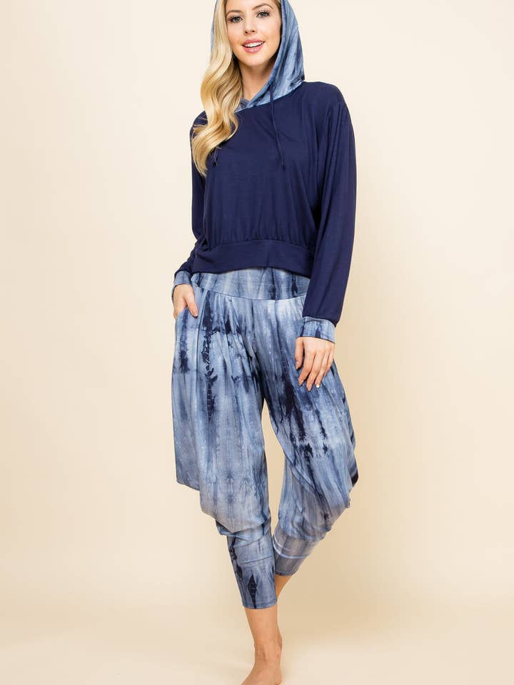 Ensemble Kooniez - Pantalon tie-dye marbré bleu marine et sweat à capuche patchwork marbré bleu marine pour la vente par Kooniez