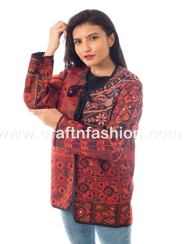 Meghcraft - Vente Veste – femme - Manteau indien vintage brodé en patchwork miroir5