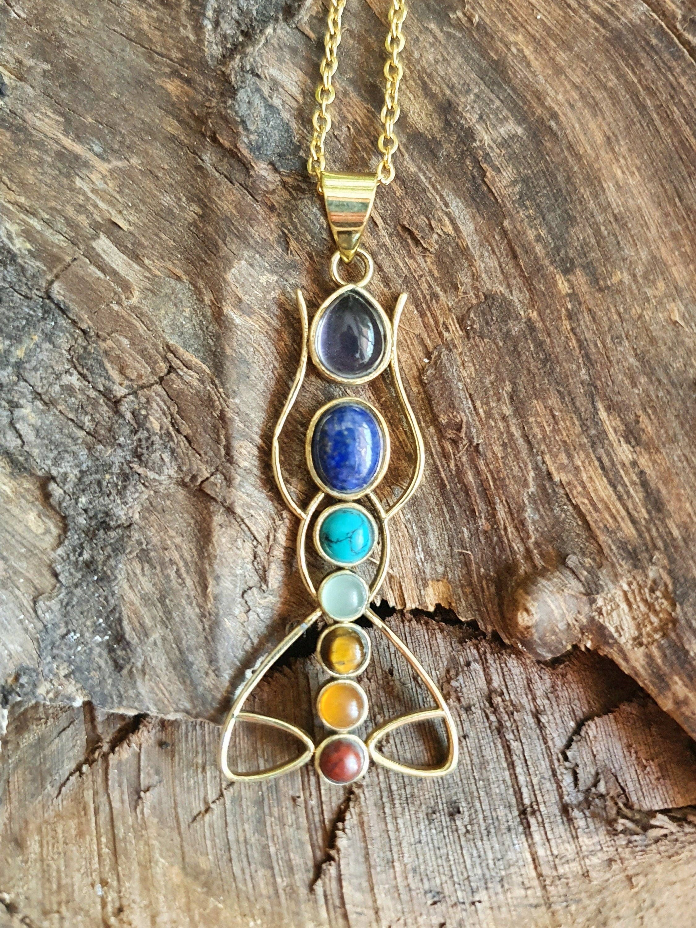 Kaali Boutique - Vente Colliers à pendentif - Collier Lotus 7 Chakras Or / Hypoallergénique / Yoga / Reiki / Bohème / Hippie / Rustique / Ethnique /1