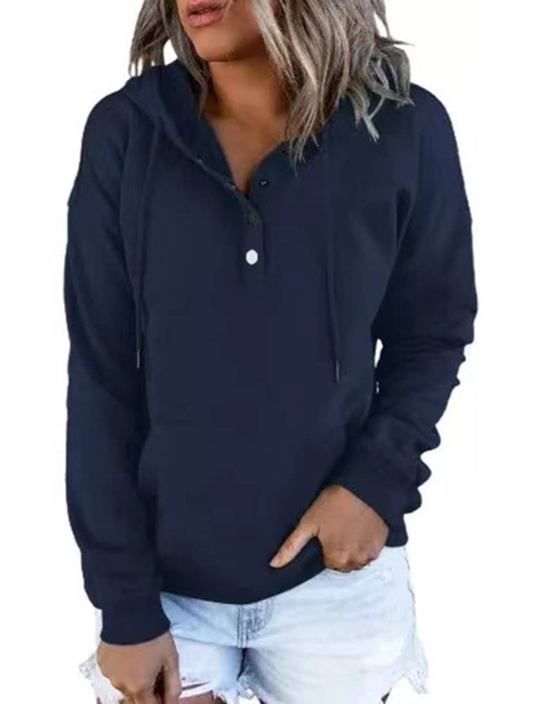 HIDDENBRAND - Wholesale Hoodie - Women's - Large Pockets Half Buttoned Hooded Sweatshirt3