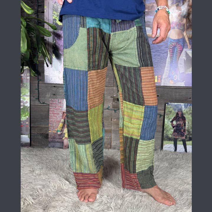 Jayli Clothing - Wholesale Pants - Men's - Striped Patchwork Zipper Pocket Pants Elastic Waist Hippie2