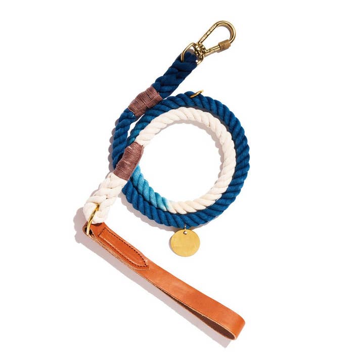 New! Hand Dyed Indigo Leash | Tan Leather Handle for wholesale by Found My Animal